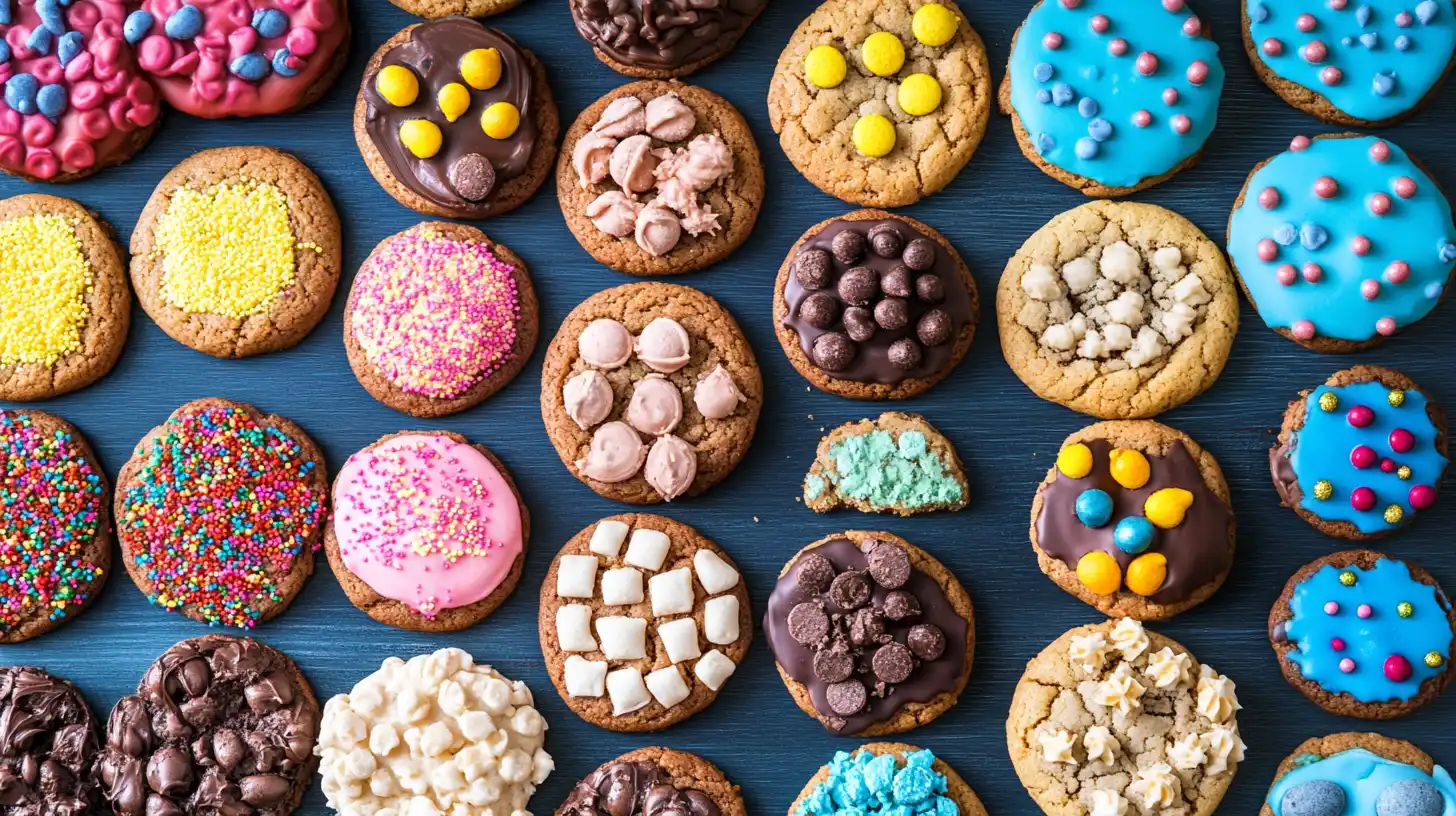 Colorful ingredients in some cookie recipes, including rainbow sprinkles, chocolate chips, and vibrant food coloring on a baking tray