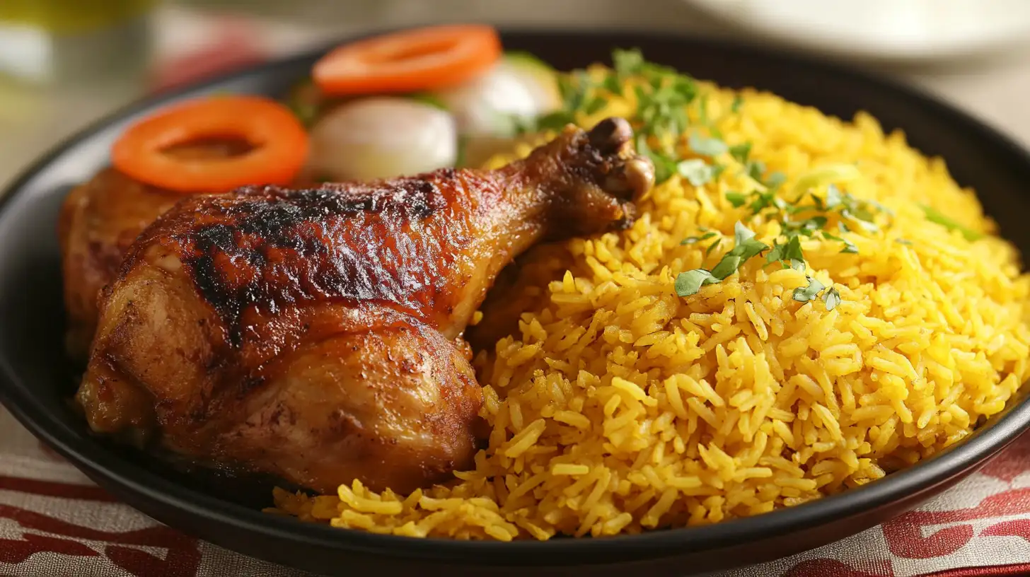 A vibrant plate of chicken and yellow rice, featuring tender, golden-seasoned chicken thighs atop fluffy, turmeric-infused yellow rice, garnished with fresh parsley and served with a lemon wedge.