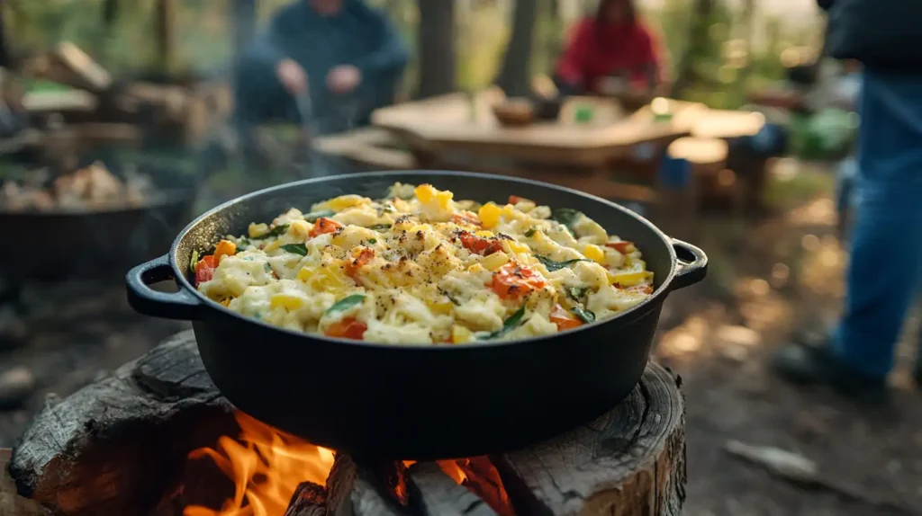 A Dutch oven placed over an open campfire, filled with a hearty stew of vegetables, beans, and meat. Surrounded by camping gear, the scene captures the rustic charm of outdoor cooking.