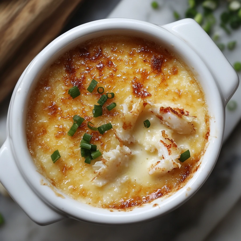 A delicate crab brûlée with a golden caramelized crust, served elegantly in a ramekin with fresh herbs for garnish.