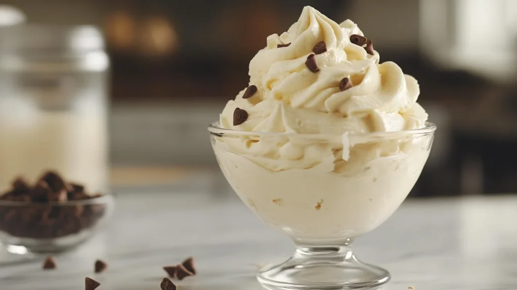 A Ninja Creami machine alongside a bowl of creamy homemade ice cream, garnished with fresh fruit and chocolate shavings. The setup highlights the simplicity of creating gourmet frozen treats at home.