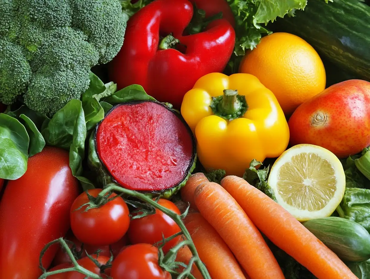 A beautifully styled dish of fresh, vibrant vegetables and lean protein arranged on a rustic wooden table, surrounded by herbs, spices, and a glass of infused water, symbolizing a healthy and balanced "Roam Diet" meal.