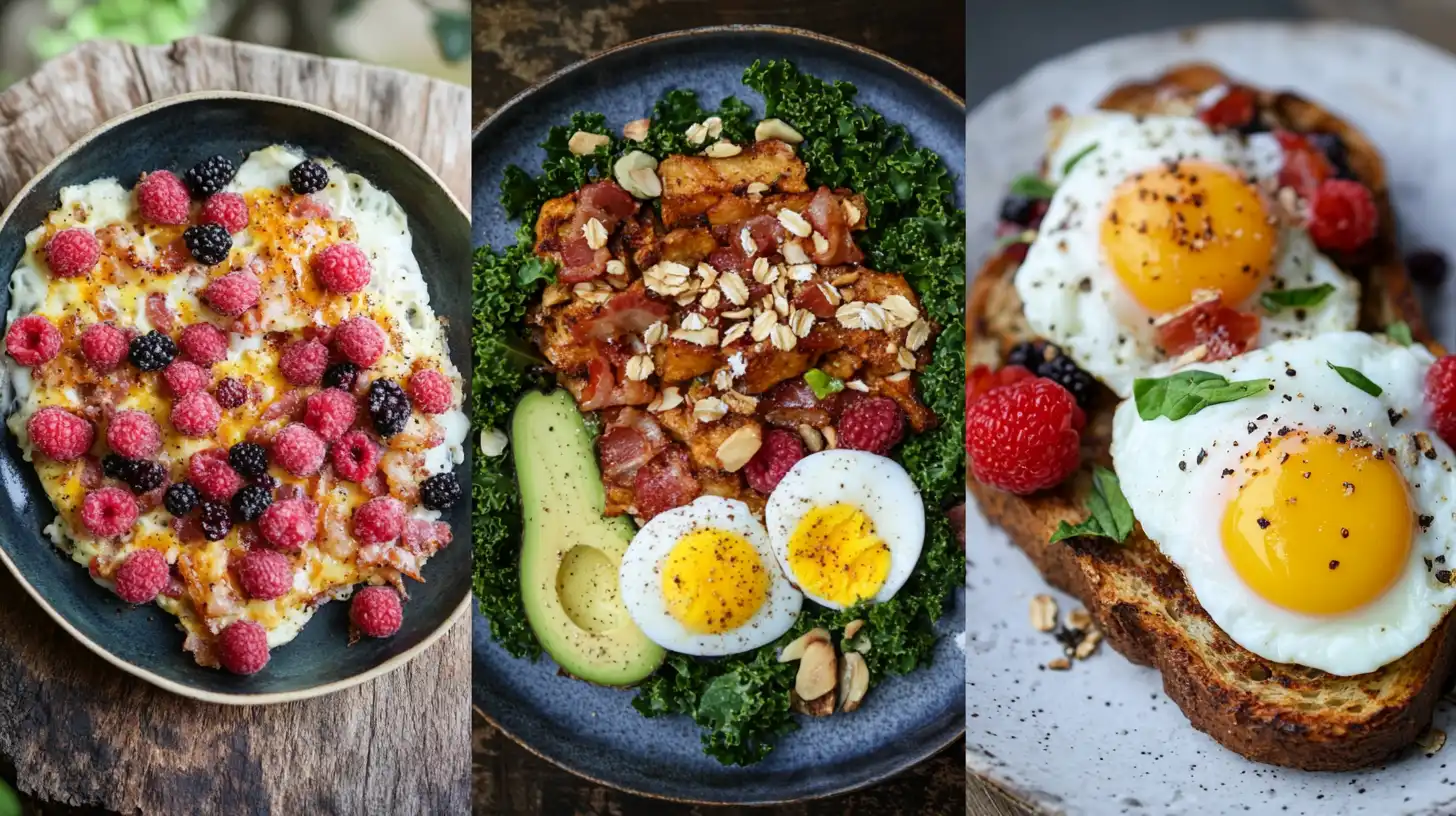 A nutritious Roam Diet breakfast featuring a bowl of oatmeal topped with fresh berries, chia seeds, and almond slices, paired with a glass of green smoothie on a wooden table.