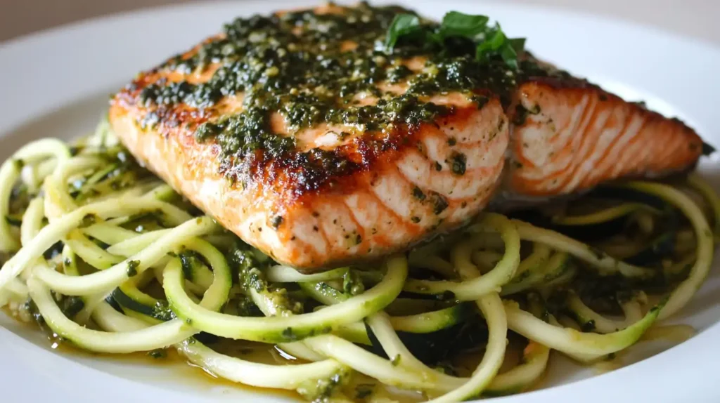 Zucchini Noodles with Pesto and Grilled Salmon