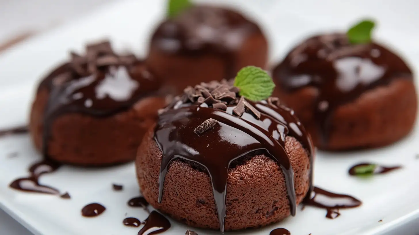 A tray of freshly baked chocolate buns, golden brown and fluffy, with melted chocolate oozing from the center, dusted lightly with powdered sugar.