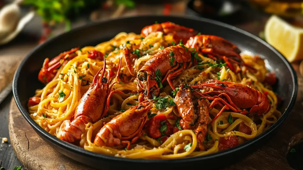 A creamy crawfish fettuccine dish featuring tender fettuccine pasta coated in a rich, spiced cream sauce with plump crawfish tails, garnished with fresh parsley and served in a white bowl.