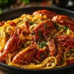 A creamy crawfish fettuccine dish featuring tender fettuccine pasta coated in a rich, spiced cream sauce with plump crawfish tails, garnished with fresh parsley and served in a white bowl.