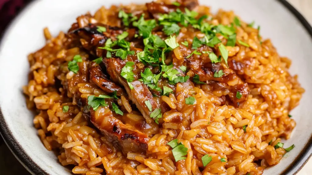 A bowl of perfectly cooked Texas Roadhouse-inspired seasoned rice, garnished with fresh parsley and served alongside a juicy steak and steamed vegetables on a rustic wooden table.