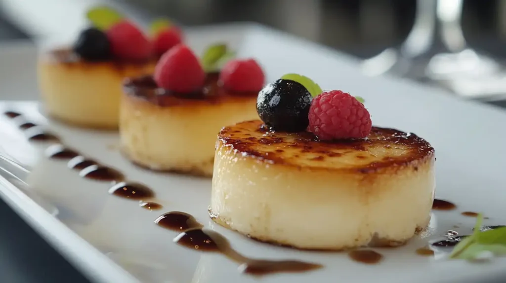 A decadent dessert spread showcasing a classic crème brûlée with its caramelized sugar top, alongside a creamy custard garnished with fresh mint and berries.