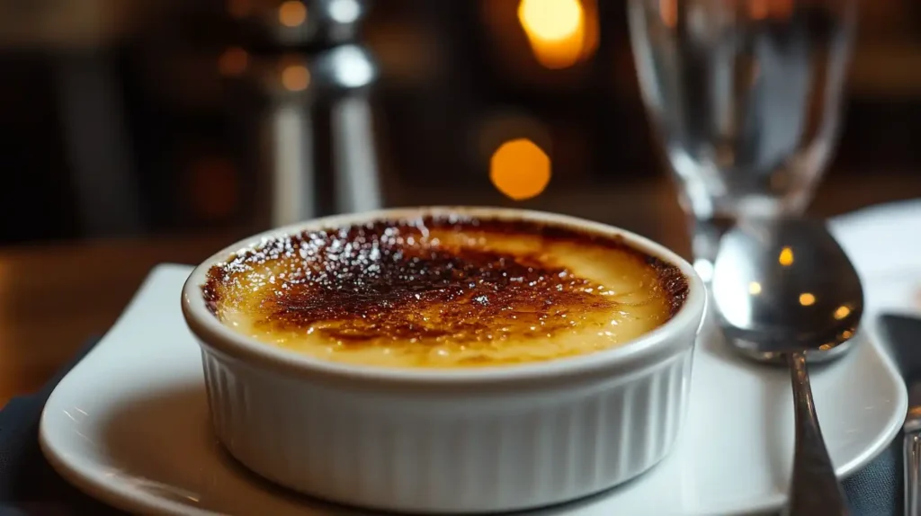 A beautifully plated serving of crème brûlée in an elegant ramekin, topped with a caramelized sugar crust and garnished with fresh berries and a sprig of mint.