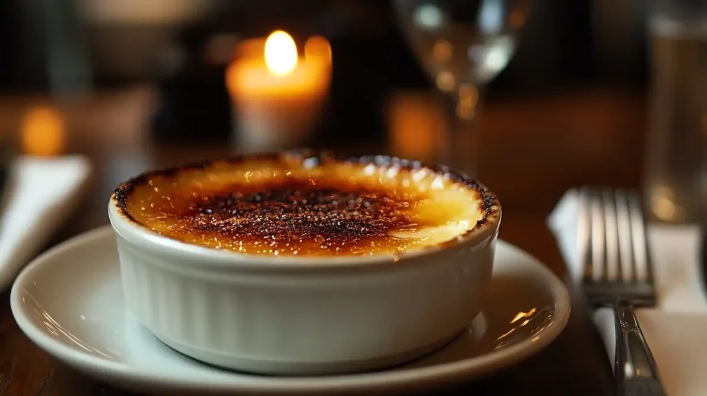 A chef’s hand holding a torch caramelizing sugar on top of a crème brûlée, with the creamy custard and golden crust highlighting the secret of perfect crème brûlée.