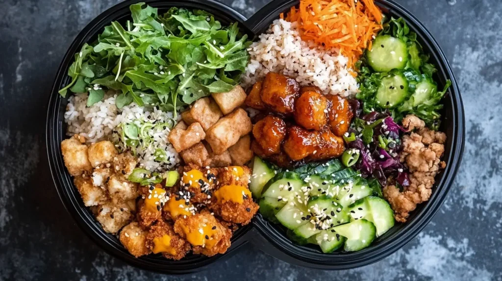 A vibrant Sweetgreen Harvest Bowl filled with warm roasted sweet potatoes, tender shredded chicken, kale, wild rice, toasted almonds, and apple slices, drizzled with a light balsamic vinaigrette.