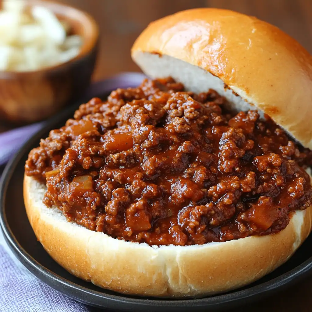 A close-up view of a freshly prepared Sloppy Jane sandwich, featuring a whole-grain bun filled with a hearty mixture of ground turkey, sautéed vegetables, and a tangy tomato-based sauce, garnished with fresh parsley and served with a side of crispy oven-baked sweet potato fries on a rustic wooden plate.