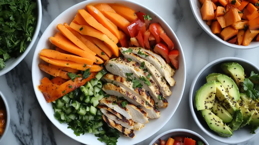 An assortment of vibrant low-histamine dishes arranged on a rustic table, including a quinoa salad with fresh cucumbers and blueberries, baked sweet potato wedges, grilled chicken breast, and a refreshing herbal tea, emphasizing wholesome, anti-inflammatory ingredients.