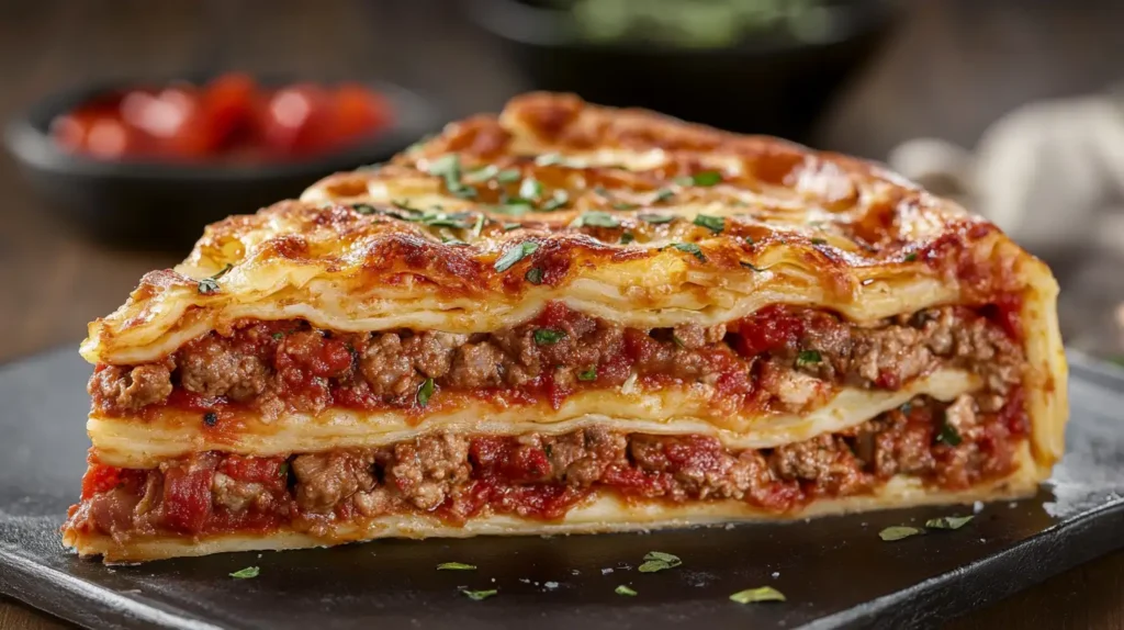 A beautifully layered Ronzoni lasagna served on a white plate, showcasing golden-brown melted cheese on top, rich tomato sauce, tender pasta sheets, and creamy ricotta filling, garnished with fresh basil leaves.