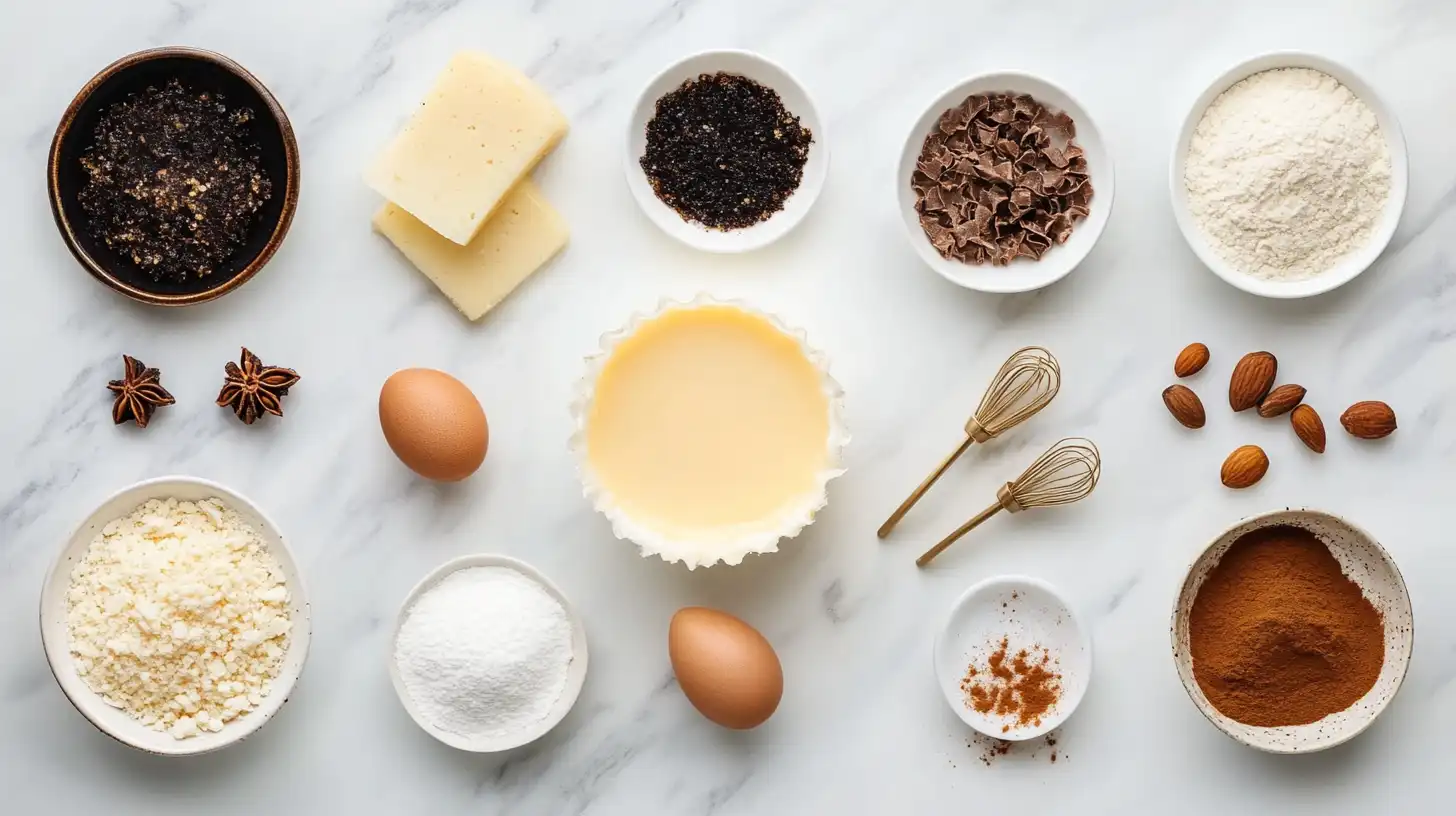 The essential ingredients of crème brûlée arranged on a kitchen countertop, including heavy cream, egg yolks, granulated sugar, a vanilla bean, and a small culinary torch.