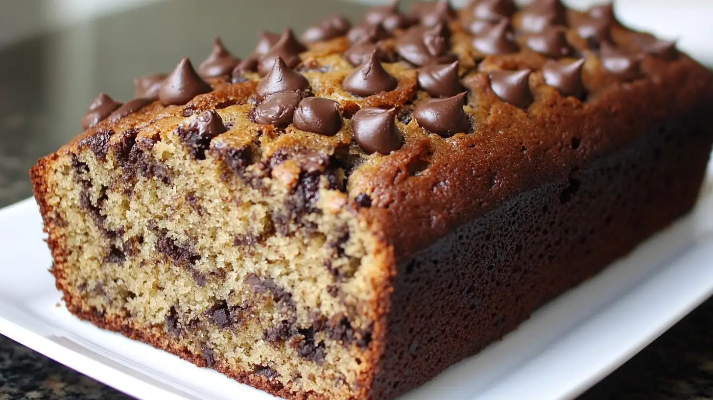 A loaf of golden-brown banana bread, freshly baked and sliced, revealing its moist and fluffy texture. The recipe is butter-free, made with ripe bananas and wholesome ingredients, displayed on a rustic wooden board.