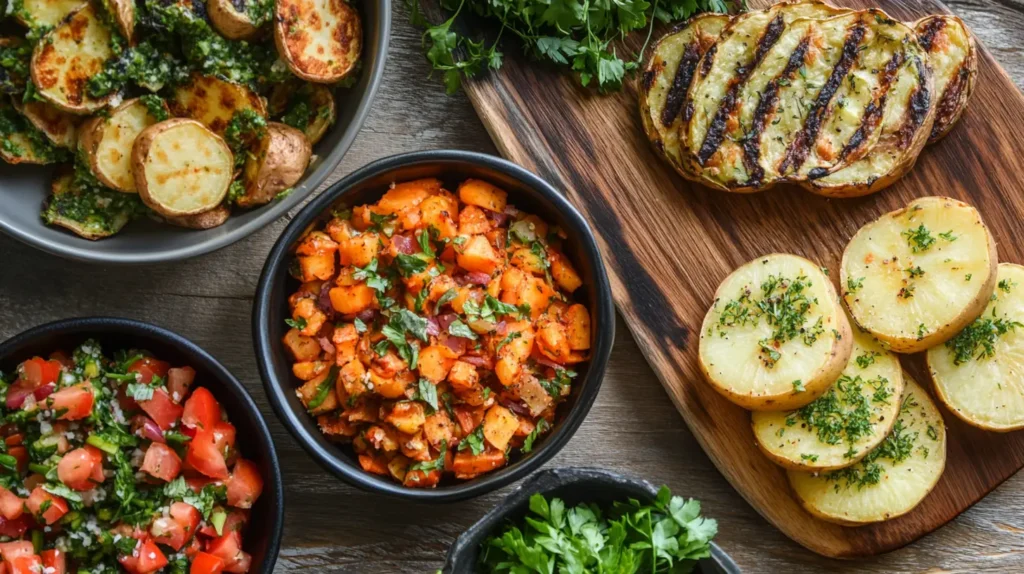 A vibrant plate of fasting-friendly potato dishes, including roasted potato wedges seasoned with herbs, a creamy potato soup garnished with parsley, and a light potato salad with cucumbers and olive oil, served on a rustic table.