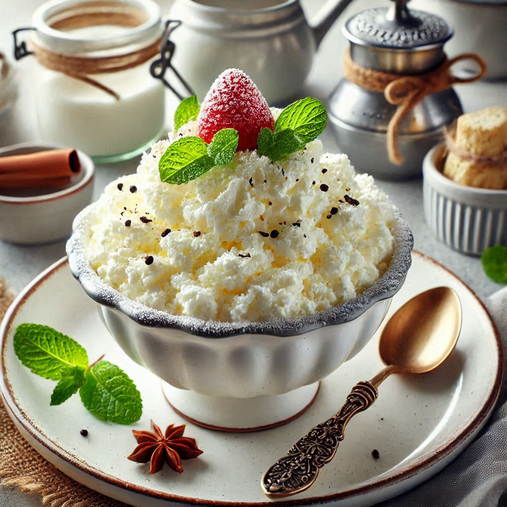 A selection of delicious cottage cheese desserts, including a creamy cheesecake slice, fruit-topped parfait, and chocolate mousse, beautifully presented on a rustic wooden table.