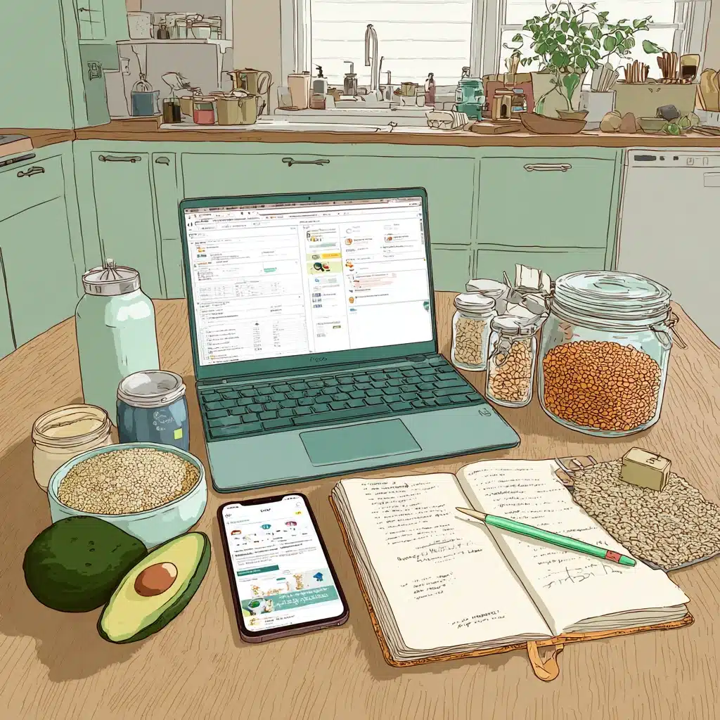 Illustration of a cozy kitchen table with a laptop showing a recipe planner, a smartphone, an open recipe notebook, jars of grains, and fresh ingredients like avocado.