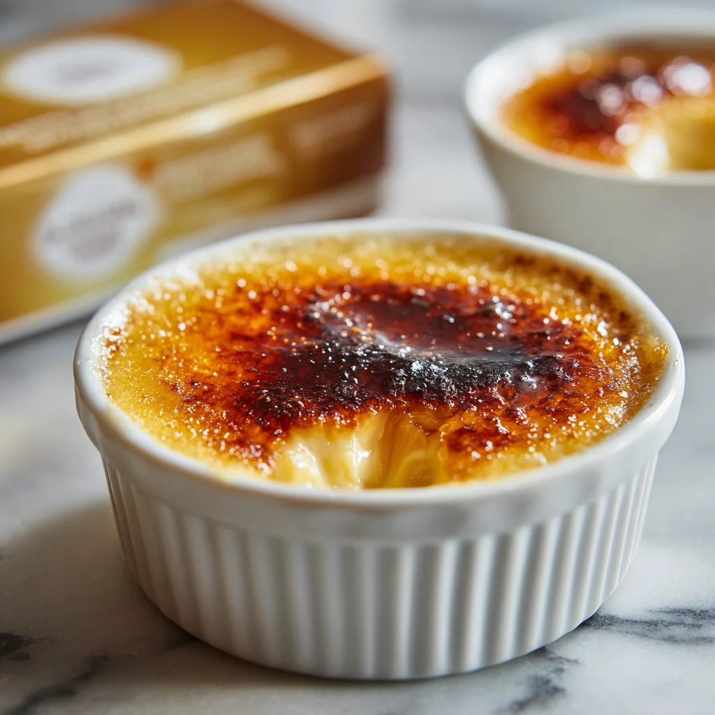 Torching the sugar topping on a crème brûlée made from store-bought custard in a home kitchen.