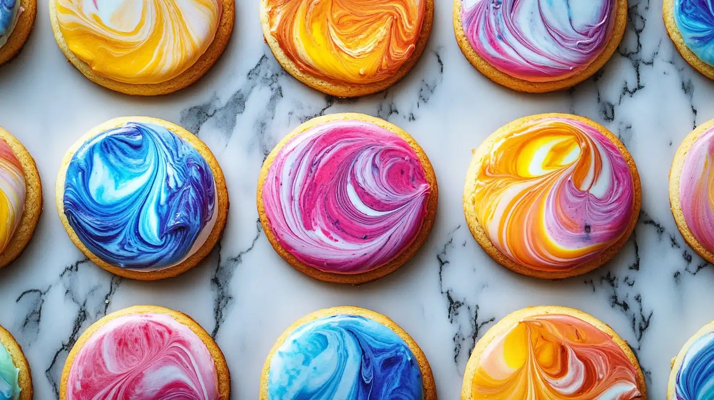 Close-up of hands adding food coloring to cookies in a mixing bowl.