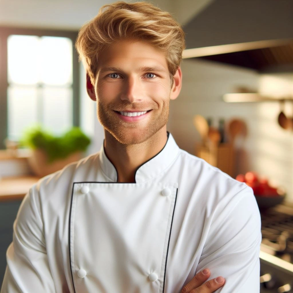 An AI chef named Samuel, represented as a sleek, humanoid robot with a friendly digital face, wearing a chef's hat and apron, standing in a futuristic kitchen filled with advanced cooking gadgets and ingredients.