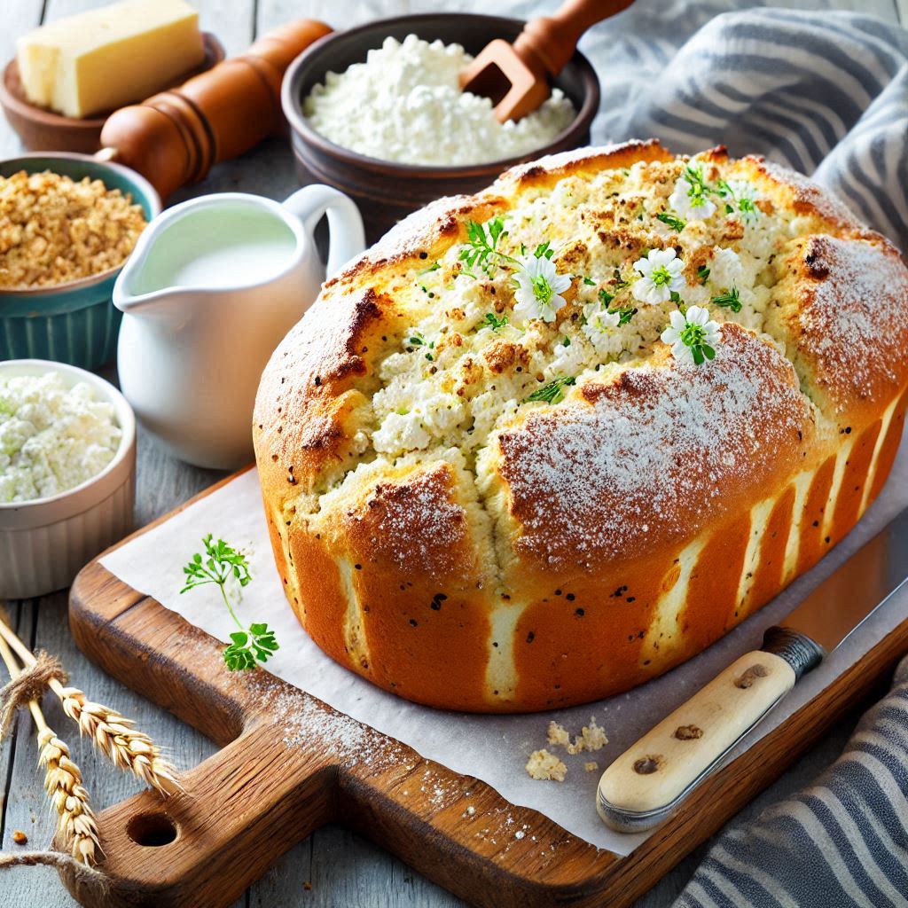 Freshly baked cottage cheese bread loaf on a wooden cutting board surrounded by ingredients like cottage cheese, flour, and eggs.