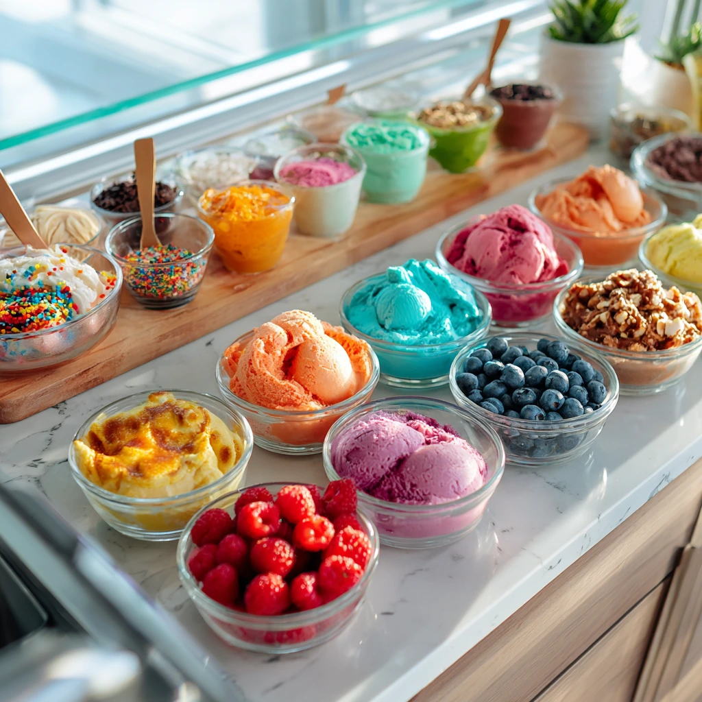 An overhead view of a kitchen counter with a Ninja Creami surrounded by colorful frozen treats including smoothie bowls, vegan ice cream, and frozen cocktails.