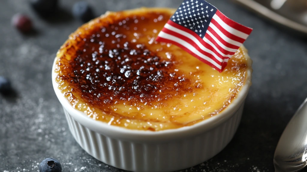 A classic crème brûlée with its signature caramelized sugar crust, illustrating its traditional English counterpart as 'Burnt Cream.