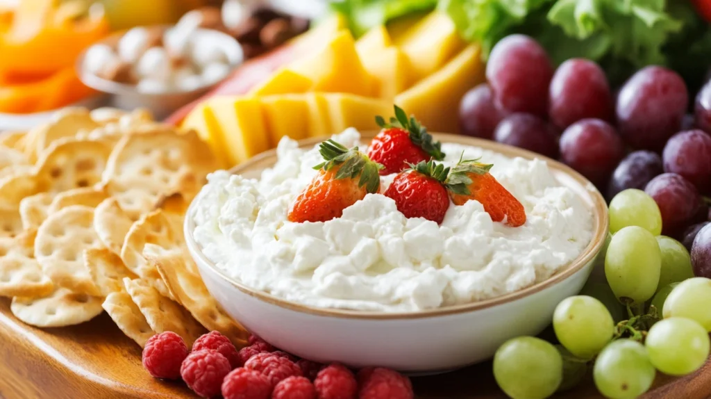 A creamy cottage cheese dip served with fresh vegetables like carrots, celery, and cherry tomatoes on a rustic wooden platter.
