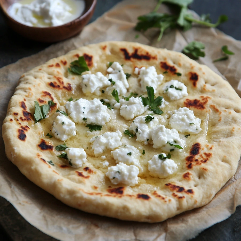 A freshly baked cottage cheese flatbread on a parchment-lined baking sheet, golden edges, and a smooth, firm texture, ready to be served.