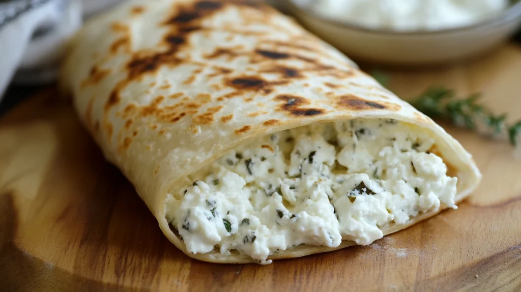 A freshly prepared cottage cheese wrap filled with vibrant vegetables, sliced avocado, and creamy cottage cheese on a wooden cutting board.