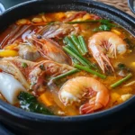 A steaming bowl of Sinigang, a traditional Filipino sour soup made with pork, tamarind-based broth, and fresh vegetables like radish, eggplant, and kangkong.