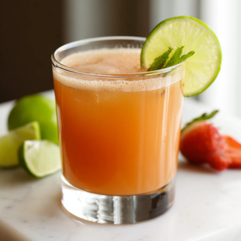 Cortisol Mocktail Recipe 12 A glass of orange-colored cortisol mocktail garnished with a lime wheel and mint, placed on a marble surface with lime wedges and a strawberry in the background.