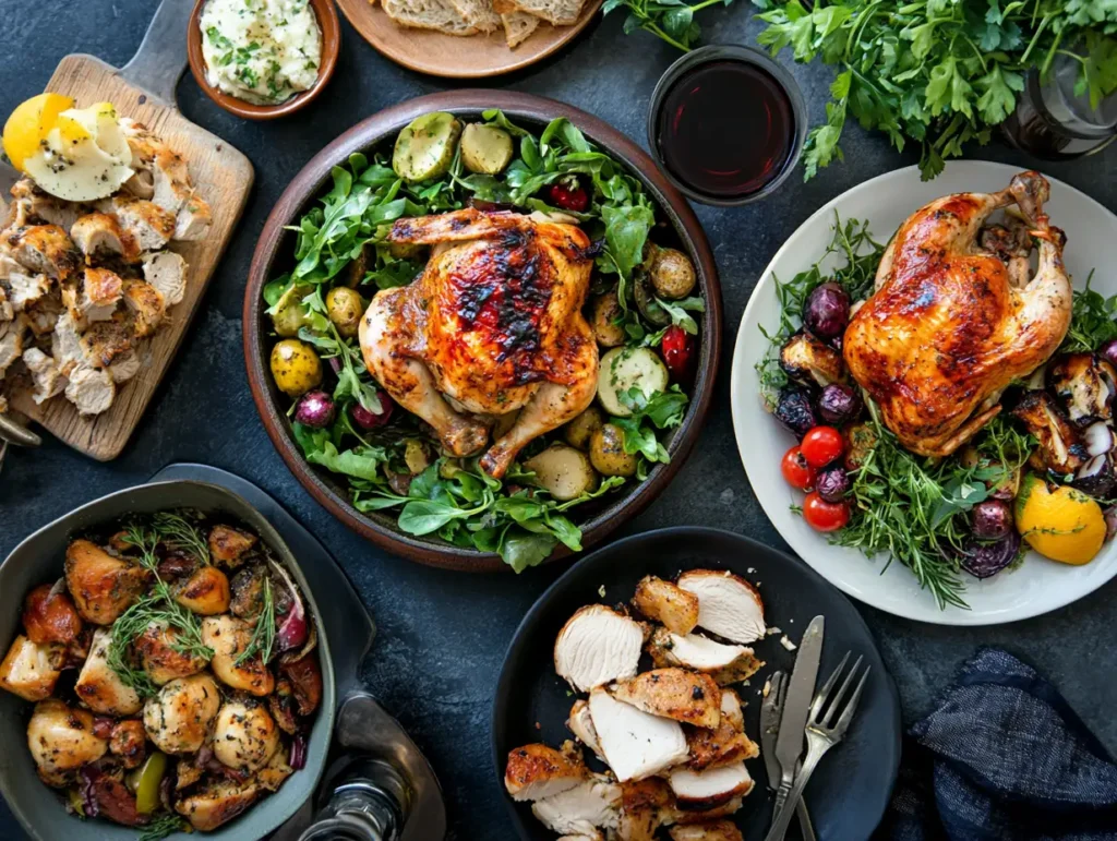 A variety of leftover rotisserie chicken recipes, including tacos, pasta, salads, and soups displayed on a wooden table.