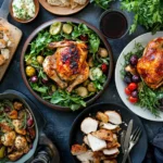 A variety of leftover rotisserie chicken recipes, including tacos, pasta, salads, and soups displayed on a wooden table.