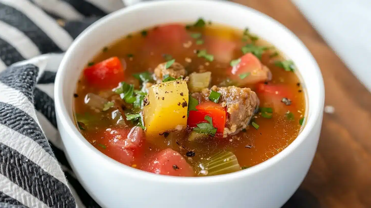 A bowl of steaming porcupine soup with vegetables, herbs, and tender meat, served in a rustic setting