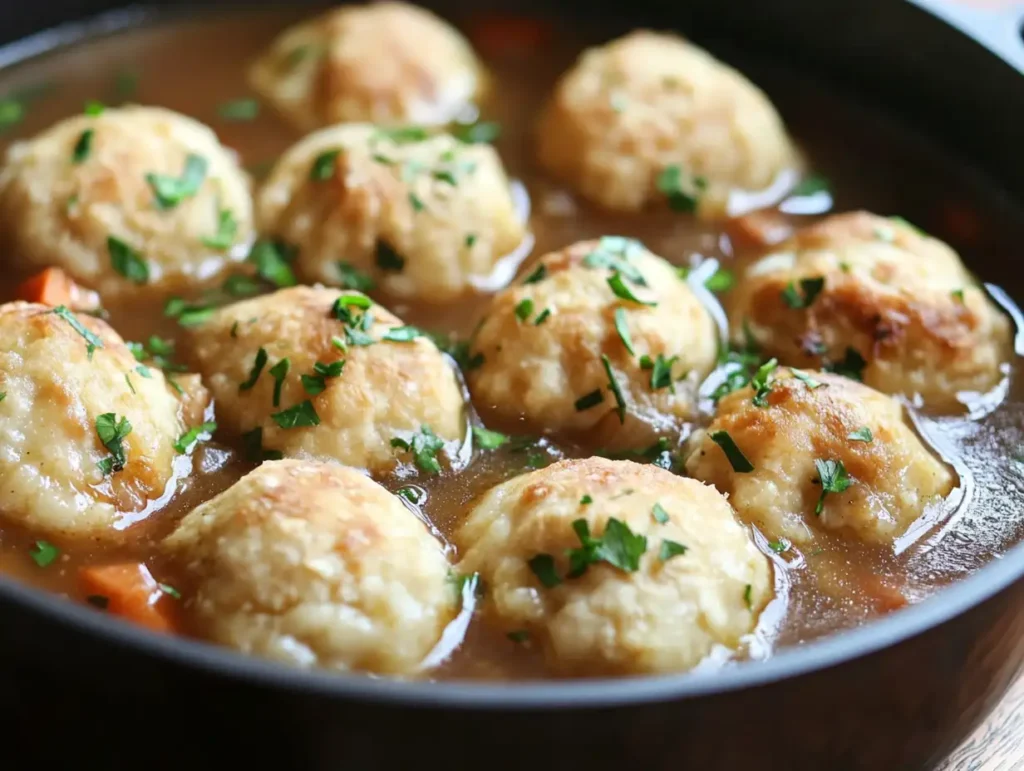 A bowl of homemade Bisquick dumplings floating in a rich, golden broth with shredded chicken and vegetables, garnished with fresh parsley.