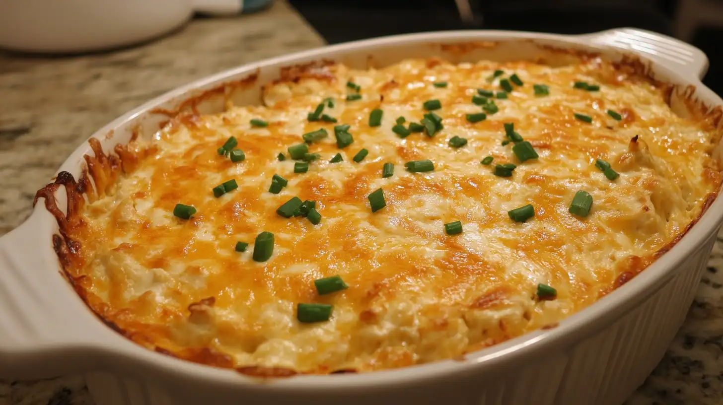 A creamy and cheesy Buffalo Chicken Dip served in a white dish, topped with melted cheddar and a drizzle of buffalo sauce, accompanied by crispy tortilla chips and celery sticks on the side.