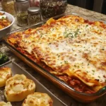 Freshly baked lazy lasagna with golden melted cheese and rich marinara sauce in a white casserole dish.