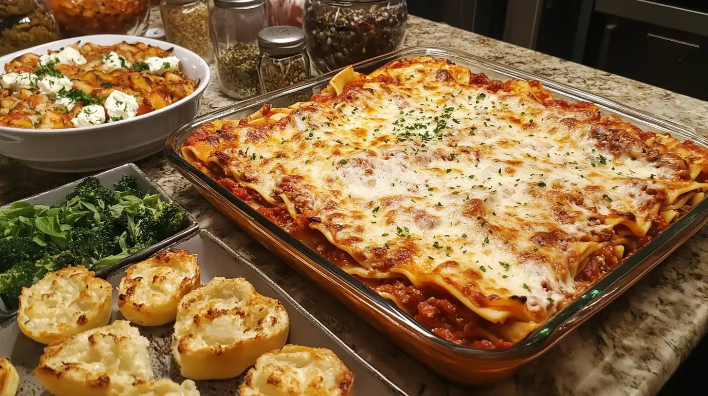 Freshly baked lazy lasagna with golden melted cheese and rich marinara sauce in a white casserole dish.