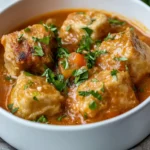 Close-up of fluffy Bisquick dumplings resting on top of a steaming bowl of homemade chicken stew, with carrots, celery, and a rich broth.