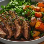 Juicy bottom round roast sliced on a wooden cutting board, garnished with fresh herbs and served with roasted vegetables.