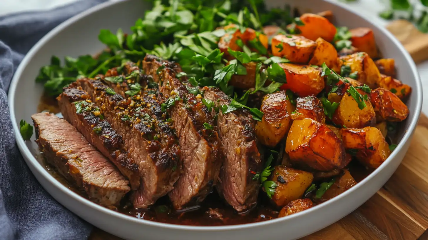 Juicy bottom round roast sliced on a wooden cutting board, garnished with fresh herbs and served with roasted vegetables.