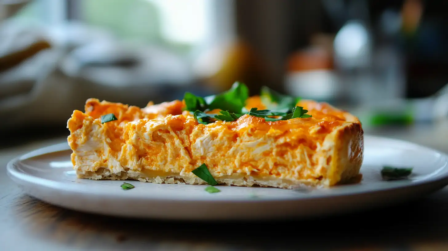 A creamy, spicy, and healthy buffalo chicken dip served in a white bowl, garnished with green onions and surrounded by fresh vegetables and whole-grain crackers.