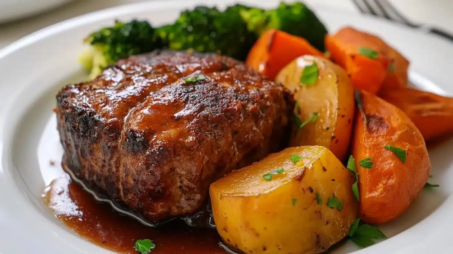 a plate of food with meatloaf and potatoes