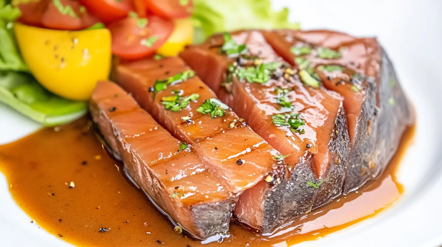 A perfectly seared ahi tuna steak, sliced into thin pieces, showcasing a crispy sesame-crusted exterior and a tender, rare pink center, garnished with sesame seeds and served with a side of soy sauce and wasabi.