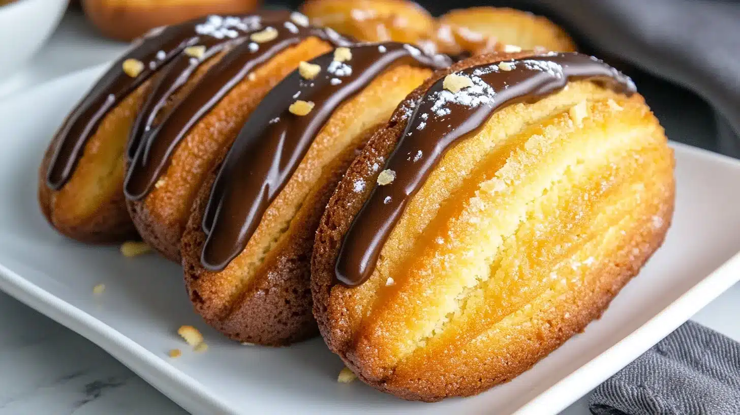 Freshly baked Madeleine cookies with a golden shell shape, made using cream for a soft and fluffy texture, dusted with powdered sugar.