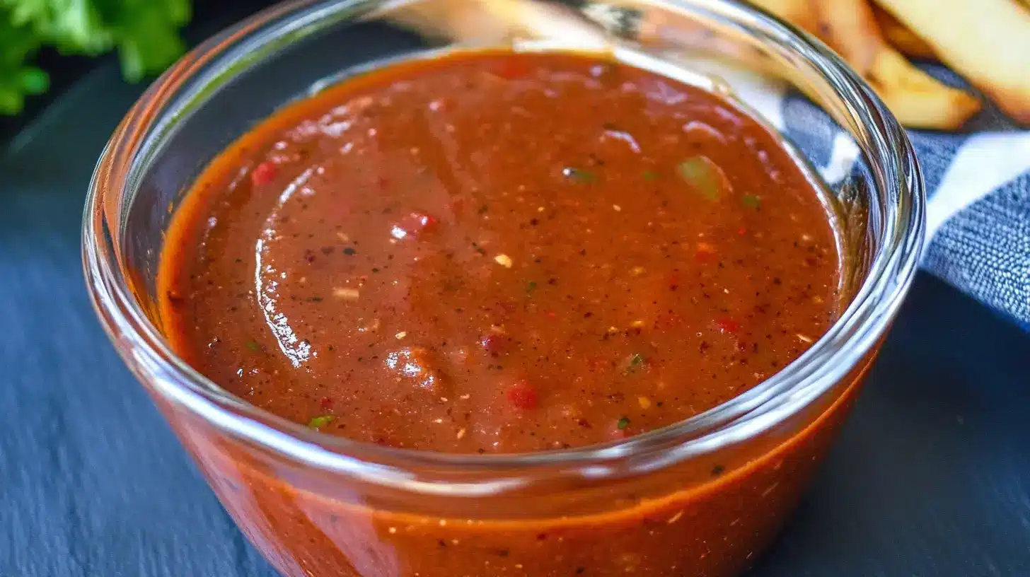 A bowl of homemade 3-ingredient BBQ sauce with a basting brush, surrounded by ketchup, honey, and Worcestershire sauce.